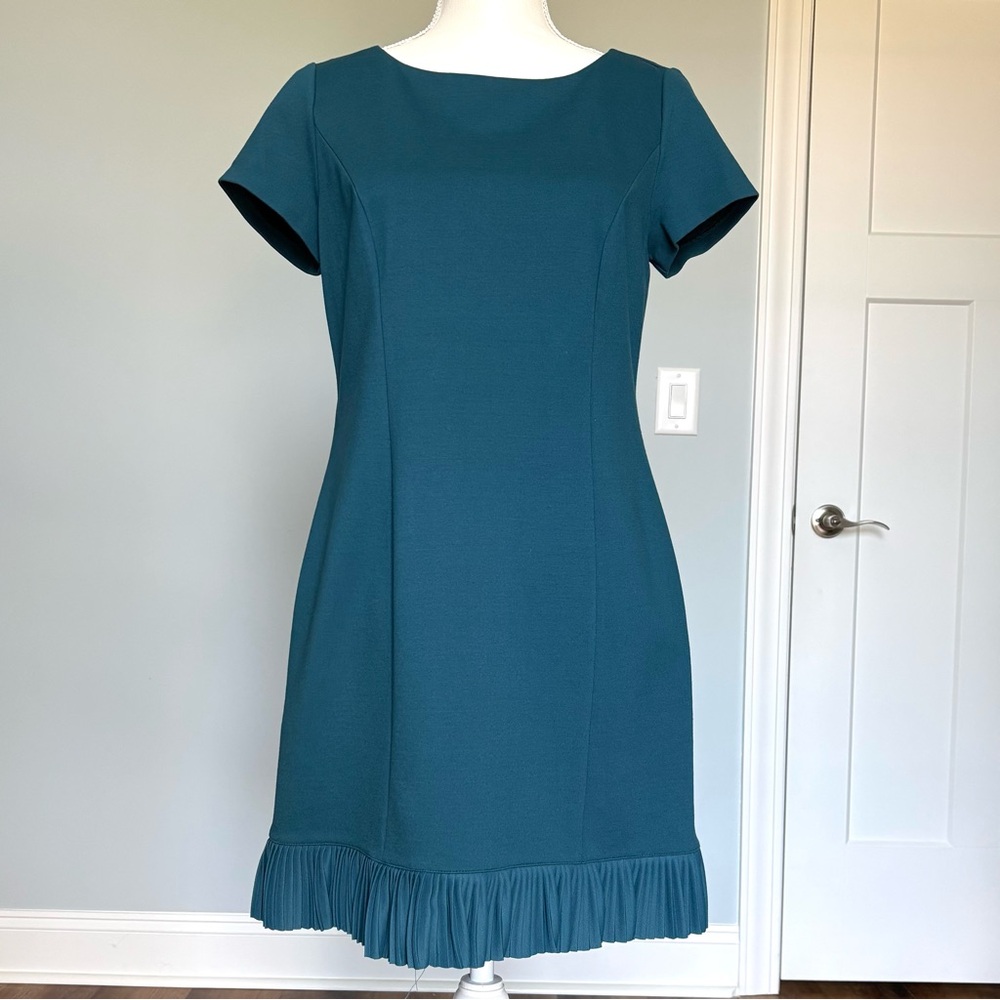 Talbots Teal Blue Green Short Sleeve Ruffle Pleated Hem Dress 8P